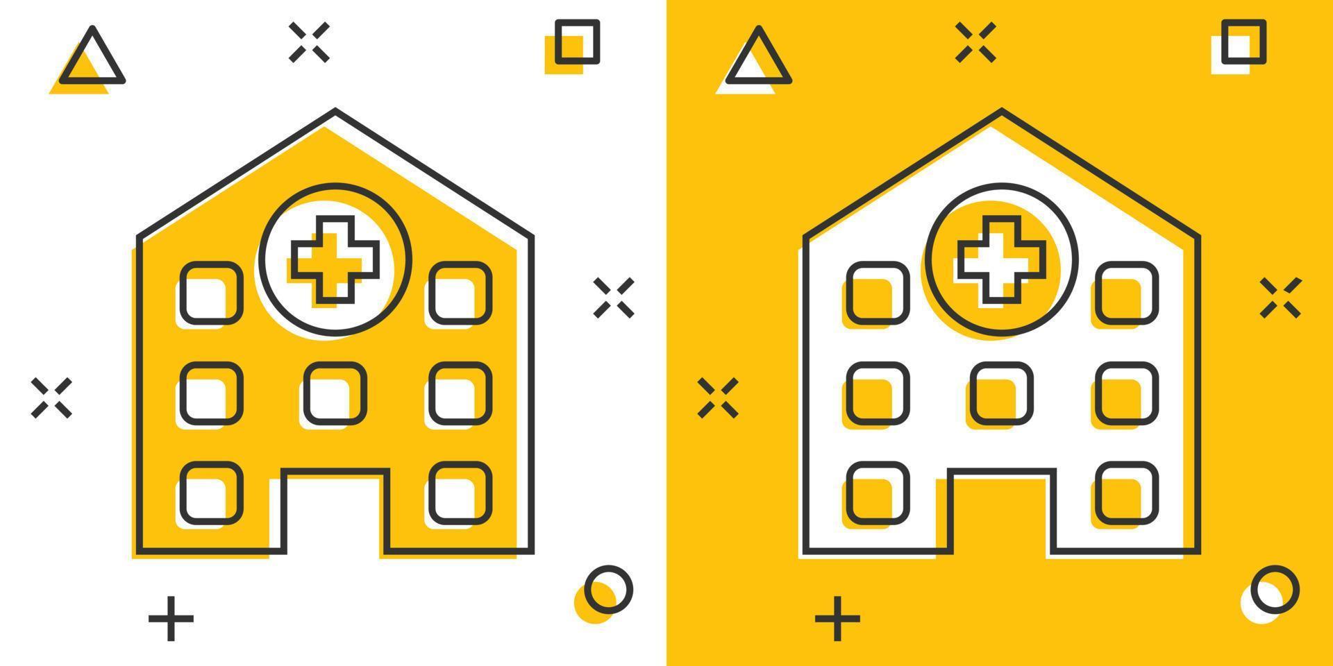 icône de bâtiment d'hôpital de dessin animé de vecteur dans le style comique. pictogramme d'illustration de signe de clinique médicale d'infirmerie. concept d'effet d'éclaboussure d'entreprise de santé.