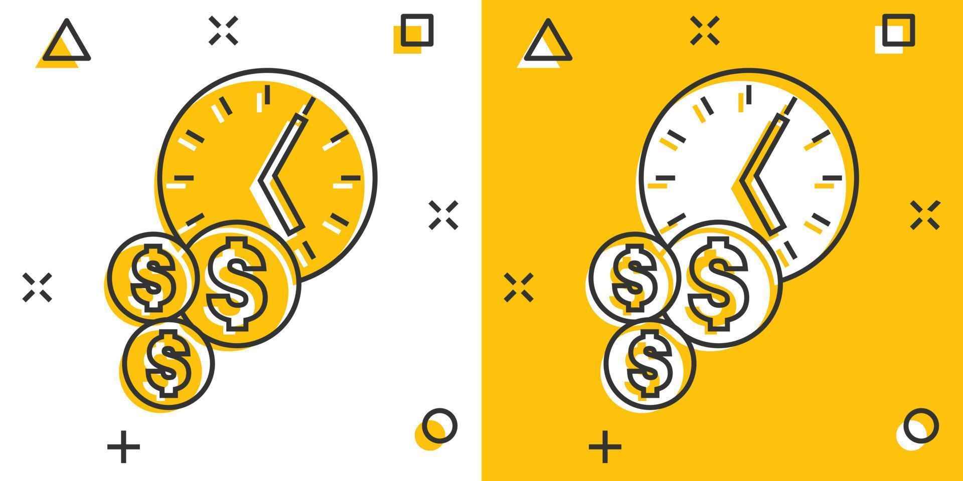 le temps est l'icône de l'argent dans le style comique. illustration vectorielle de dessin animé de gestion de projet sur fond blanc isolé. concept d'entreprise effet splash date limite. vecteur