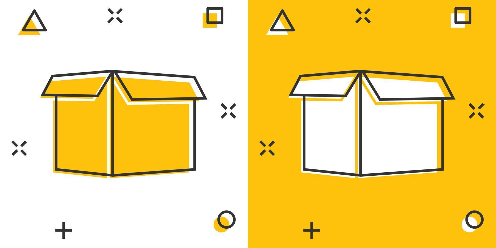 icône de boîte d'emballage de dessin animé de vecteur dans le style comique. pictogramme d'illustration de signe de pack d'expédition. concept d'effet d'éclaboussure d'affaires de boîte.