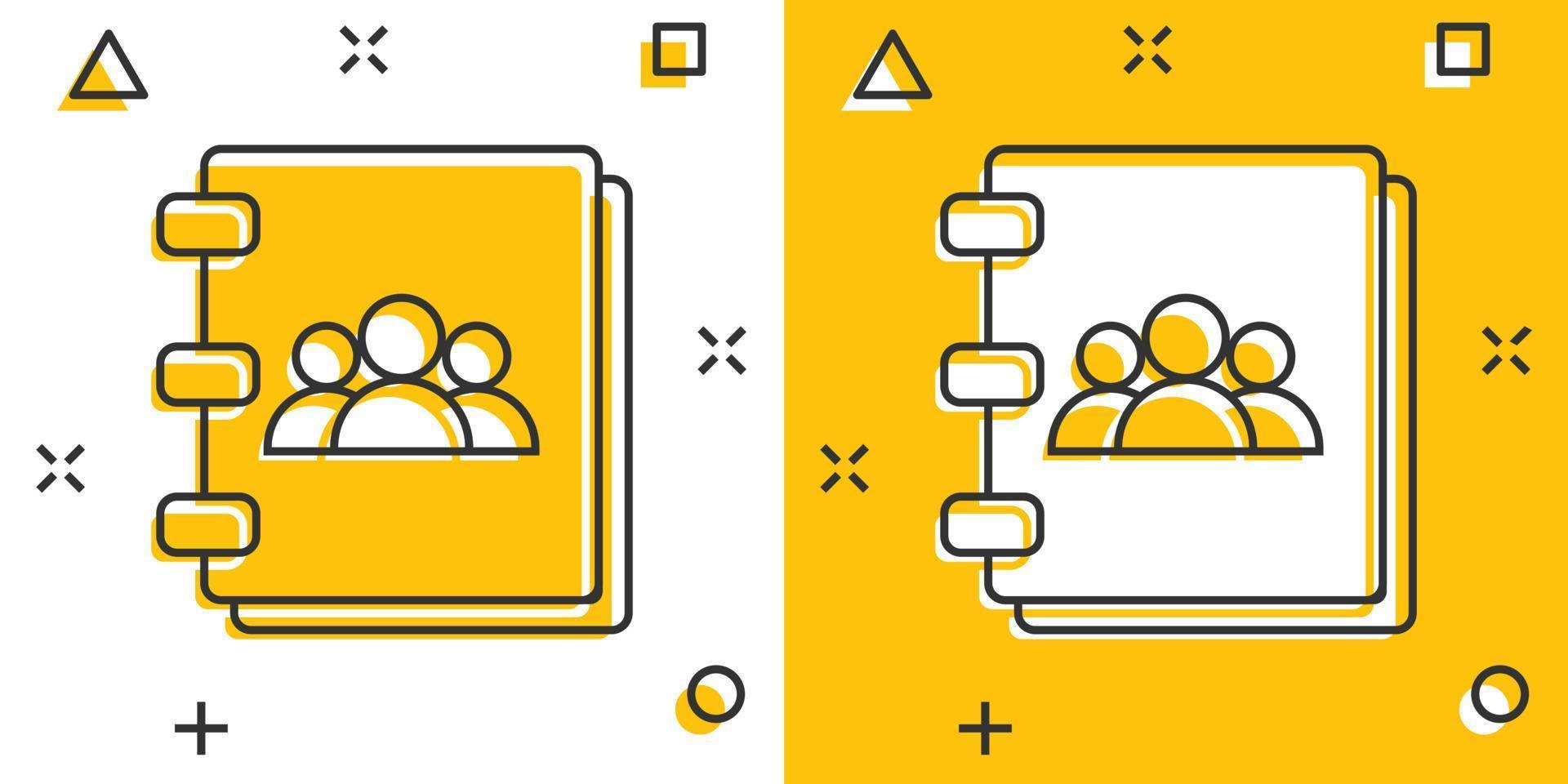 icône de carnet d'adresses de dessin animé de vecteur dans le style comique. pictogramme d'illustration de signe de note de contact. concept d'effet splash d'entreprise pour ordinateur portable.