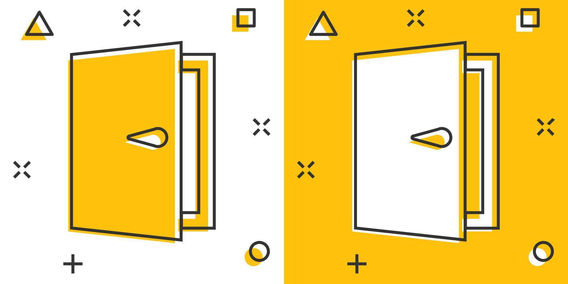 icône de porte de dessin animé de vecteur dans le style comique. pictogramme d'illustration de signe de sortie. concept d'effet d'éclaboussure d'entreprise de porte ouverte.