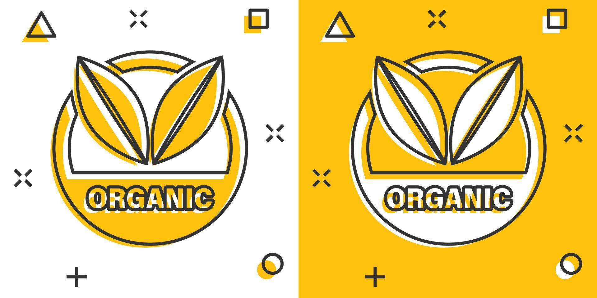 icône d'insigne organique végétalien de dessin animé de vecteur dans le style comique. pictogramme d'illustration de concept de timbre de produit eco bio. concept d'effet d'éclaboussure d'entreprise d'aliments naturels éco.