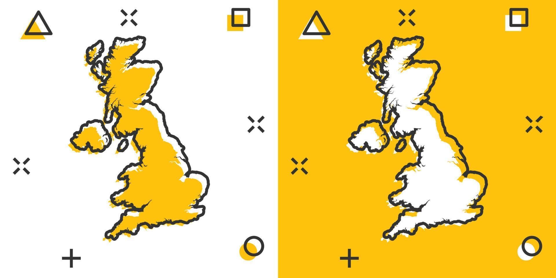 icône de carte de grande-bretagne de dessin animé de vecteur dans le style comique. pictogramme d'illustration de signe de grande bretagne. carte de cartographie concept d'effet d'éclaboussure d'entreprise.