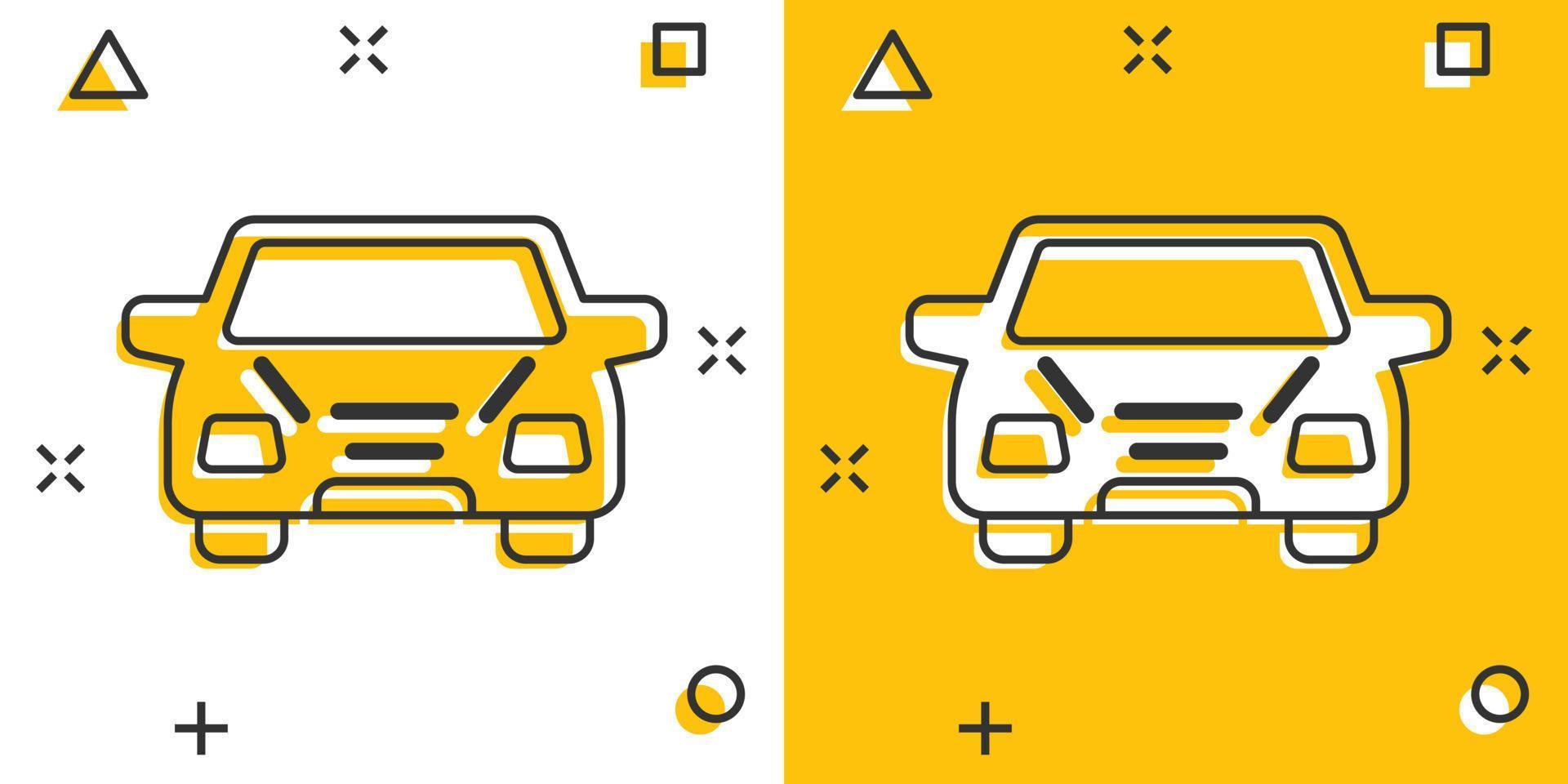 icône de voiture dans le style comique. illustration vectorielle de dessin animé de véhicule automobile sur fond blanc isolé. concept d'entreprise d'effet d'éclaboussure de berline. vecteur