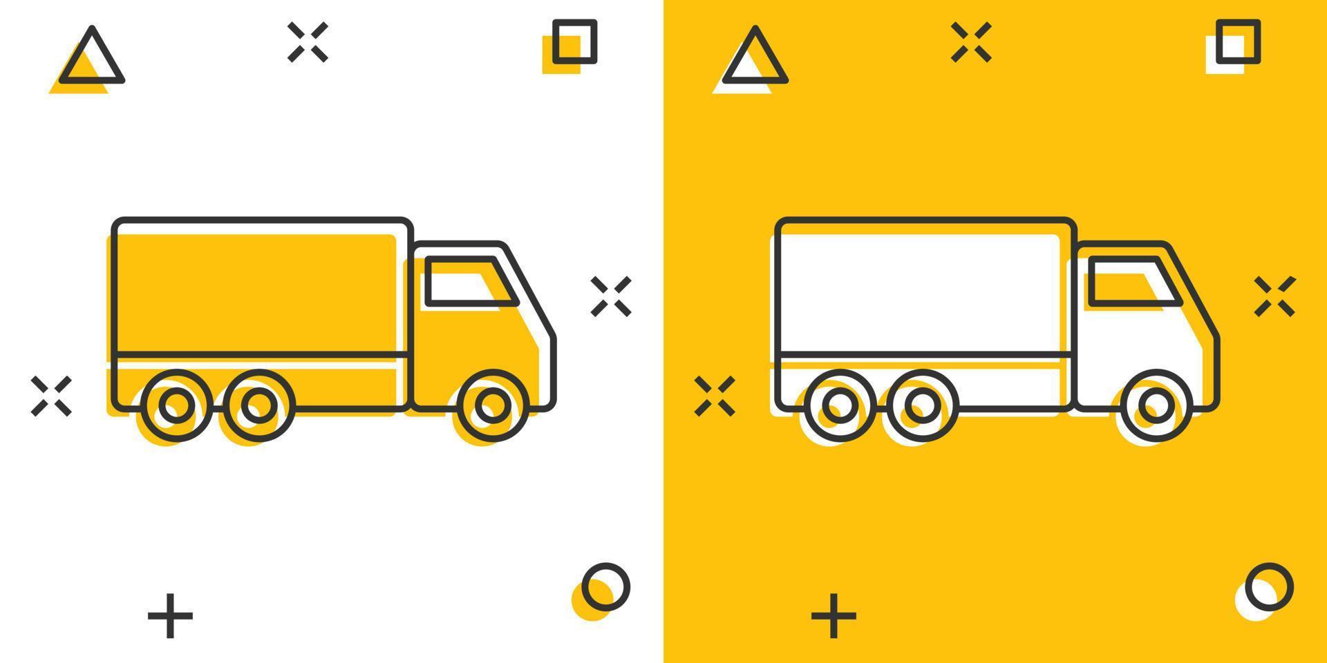 icône de signe de camion de livraison dans le style comique. illustration de dessin animé de van vector sur fond blanc isolé. effet d'éclaboussure du concept d'entreprise de voiture de fret.