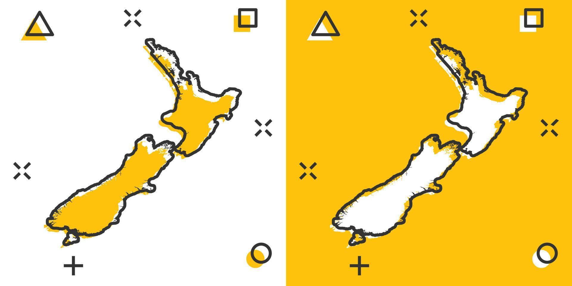 icône de carte de nouvelle-zélande de dessin animé de vecteur dans le style comique. pictogramme d'illustration de signe de nouvelle-zélande. carte de cartographie concept d'effet d'éclaboussure d'entreprise.