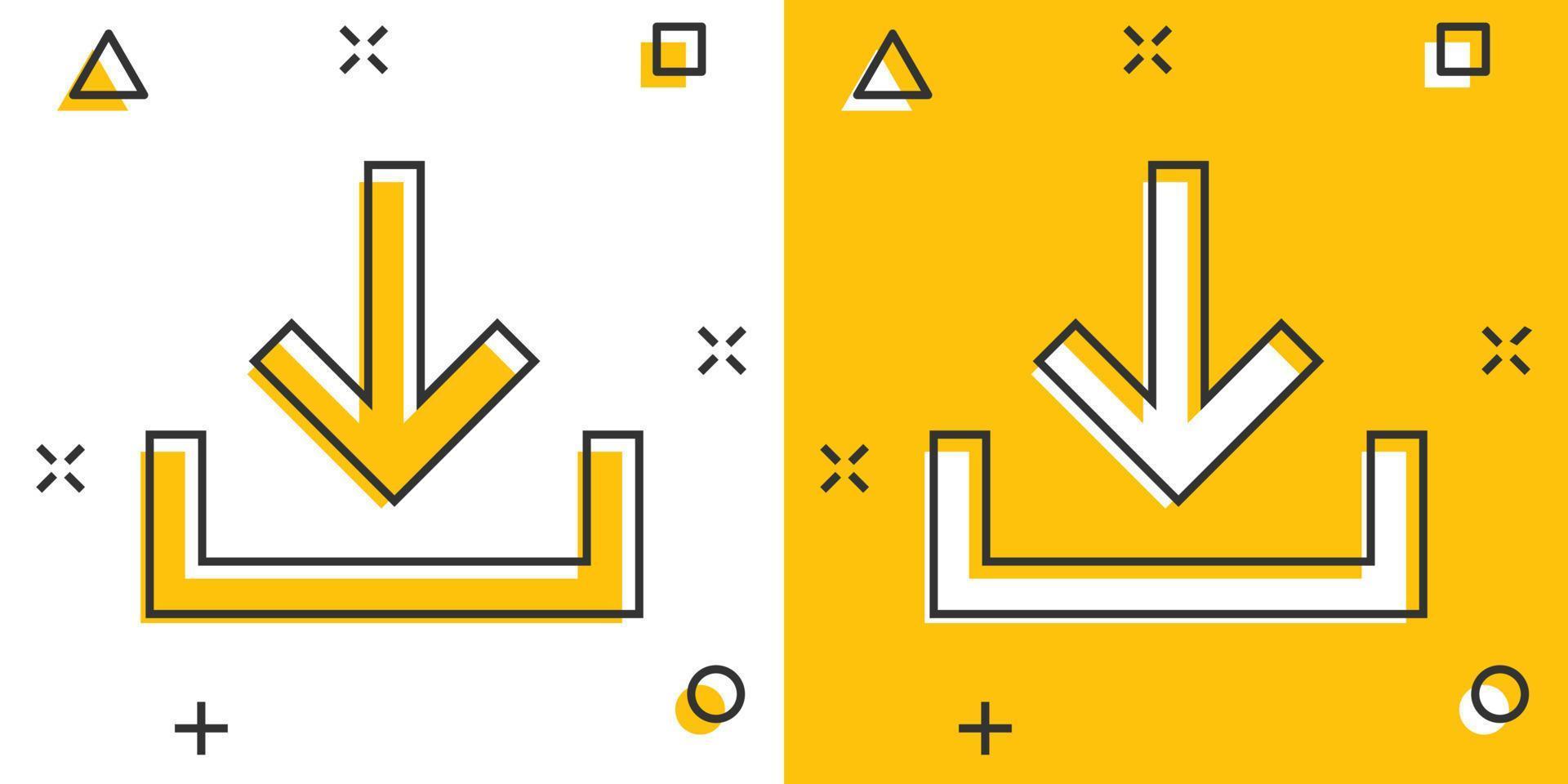 télécharger l'icône du fichier dans le style comique. flèche vers le bas téléchargeant le pictogramme d'illustration de dessin animé vectoriel. télécharger l'effet d'éclaboussure du concept d'entreprise. vecteur