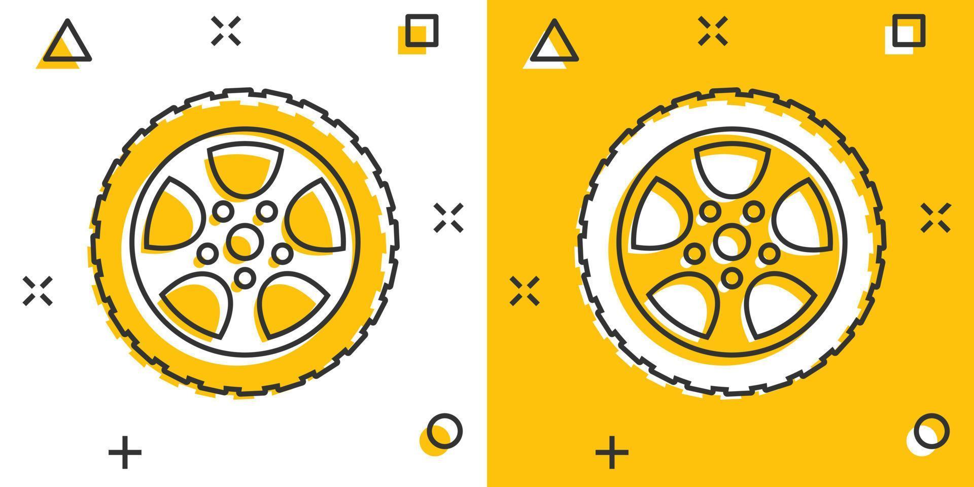 icône de roue de voiture dans le style comique. illustration vectorielle de dessin animé de pièce de véhicule sur fond blanc isolé. concept d'entreprise d'effet d'éclaboussure de pneu. vecteur