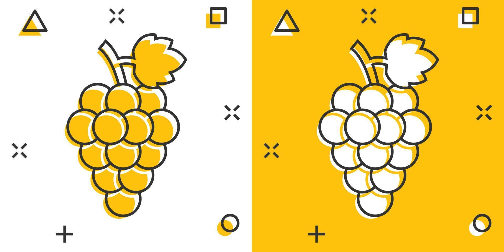 fruit de raisin de dessin animé de vecteur avec l'icône de la feuille dans le style comique. pictogramme d'illustration de signe de vin. concept d'effet d'éclaboussure d'entreprise de vigne.