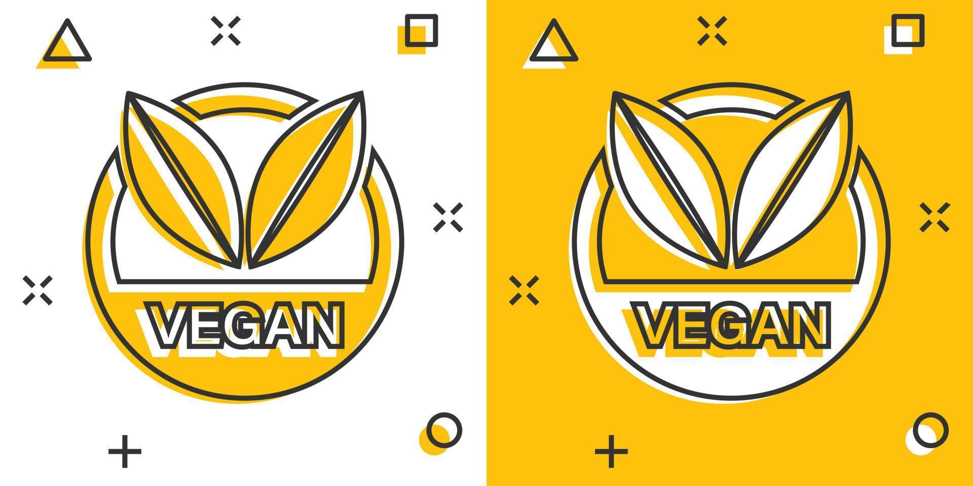 icône d'insigne d'étiquette végétalienne de dessin animé de vecteur dans le style comique. pictogramme d'illustration de concept de timbre végétarien. concept d'effet d'éclaboussure d'entreprise d'aliments naturels éco.