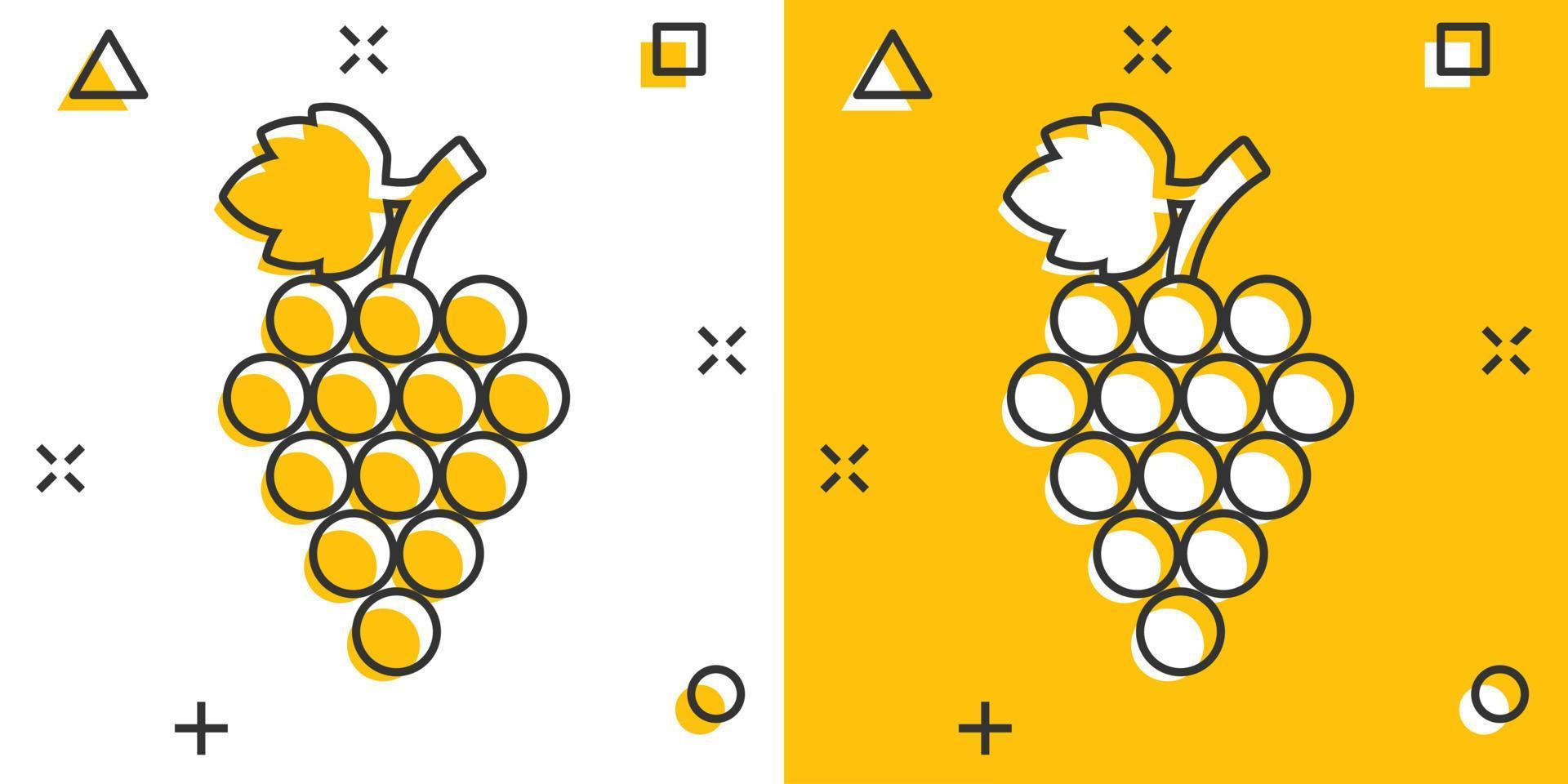 icône de signe de fruits de raisin dans le style comique. illustration de dessin animé de vecteur de vigne sur fond blanc isolé. effet d'éclaboussure du concept d'entreprise de raisins de cuve.