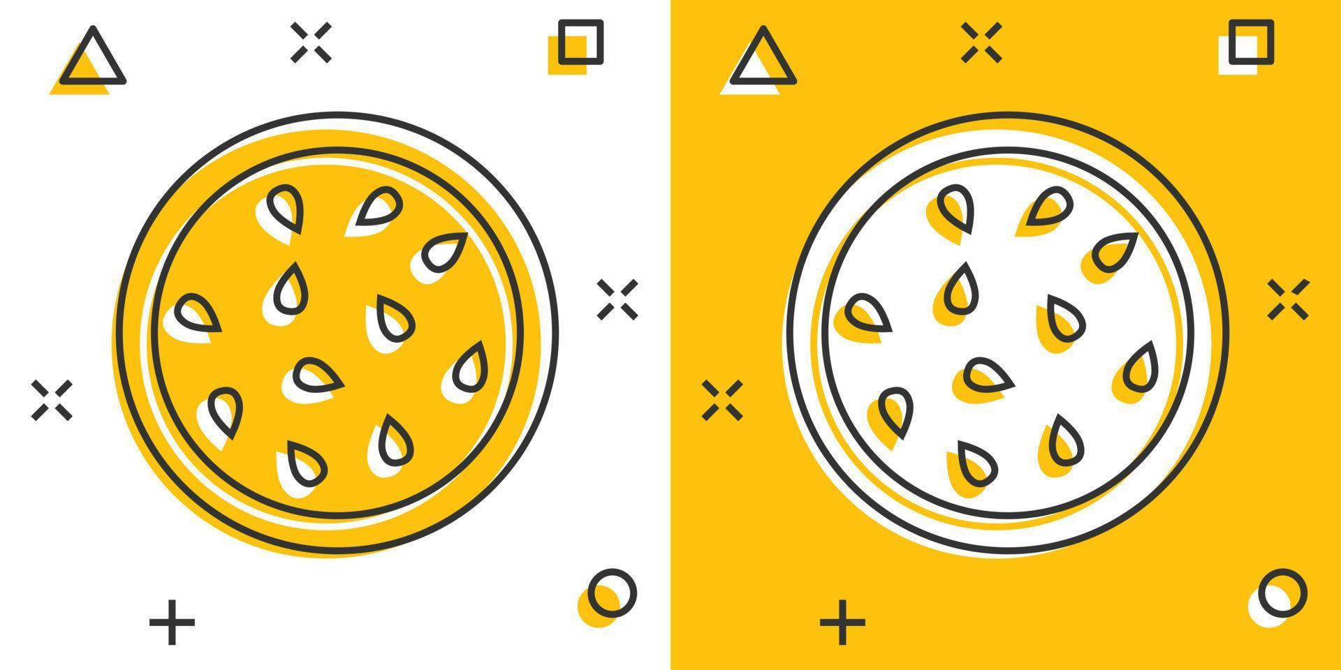 icône de pastèque de dessin animé dans le style comique. pictogramme d'illustration de signe de fruits mûrs juteux. concept d'entreprise d'éclaboussure de dessert. vecteur