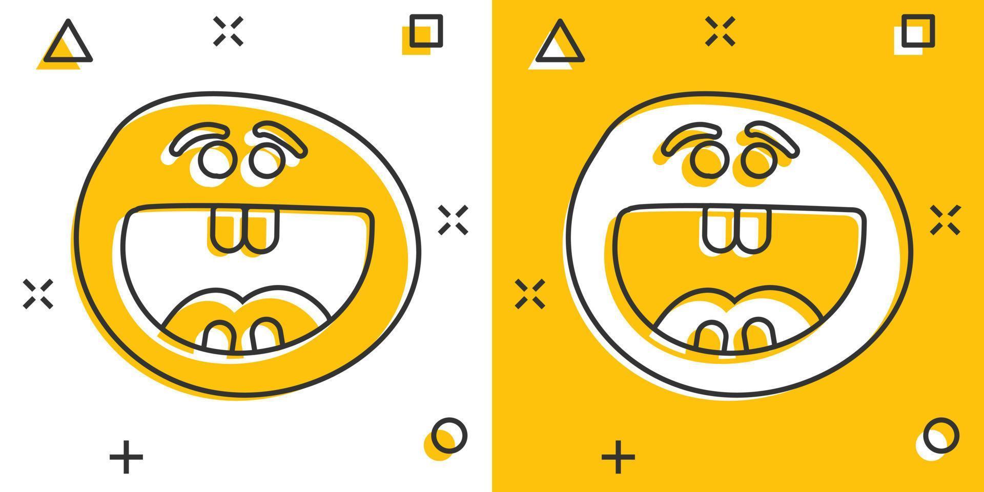 sourire de dessin animé de vecteur avec l'icône de la langue dans le style comique. sourire visage signe illustration pictogramme. concept d'effet d'éclaboussure d'affaires de visage drôle.