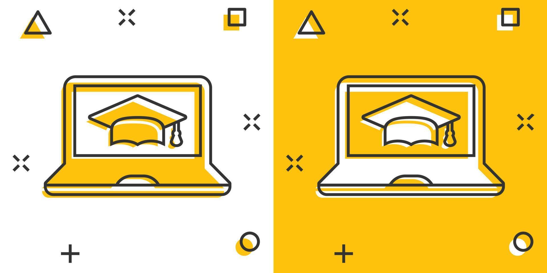 icône de l'éducation elearning dans le style comique. pictogramme d'illustration de dessin animé de vecteur d'étude. ordinateur portable formation en ligne concept d'entreprise effet splash.