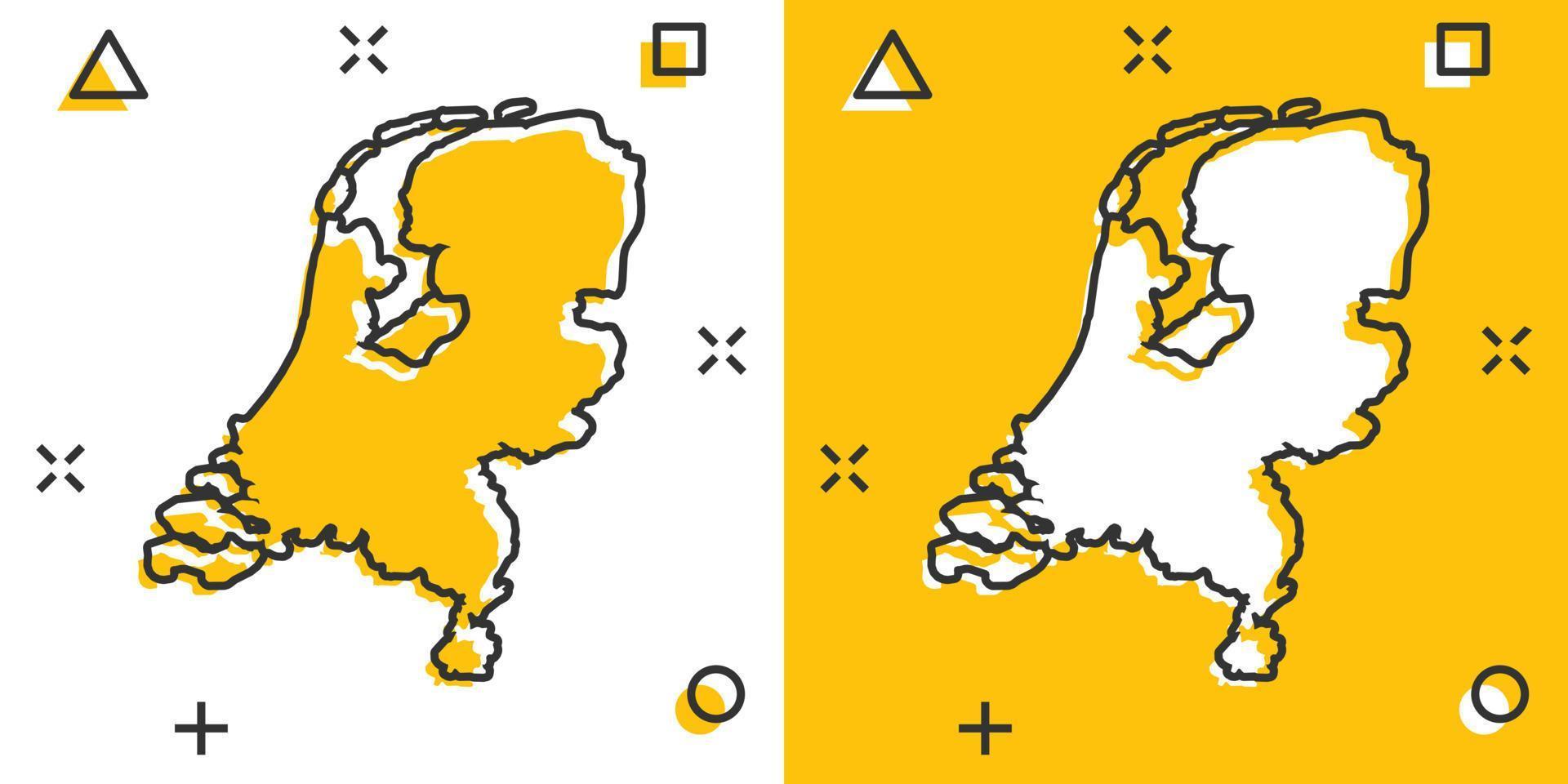 icône de carte des pays-bas de dessin animé de vecteur dans le style comique. pictogramme d'illustration de signe pays-bas. carte de cartographie concept d'effet d'éclaboussure d'entreprise.