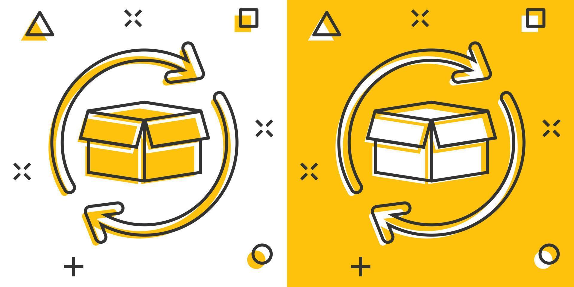 icône de retour de paquet de boîte de dessin animé de vecteur dans le style comique. boîte de livraison avec pictogramme d'illustration de concept de flèche. concept d'effet d'éclaboussure d'entreprise d'expédition de fret.