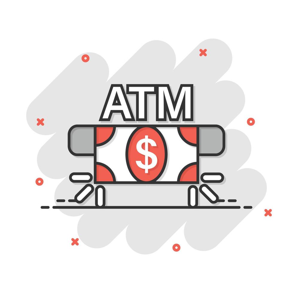 icône argent atm dans le style comique. échange d'illustration vectorielle de dessin animé en espèces sur fond blanc isolé. concept d'entreprise d'effet d'éclaboussure de billet de banque. vecteur