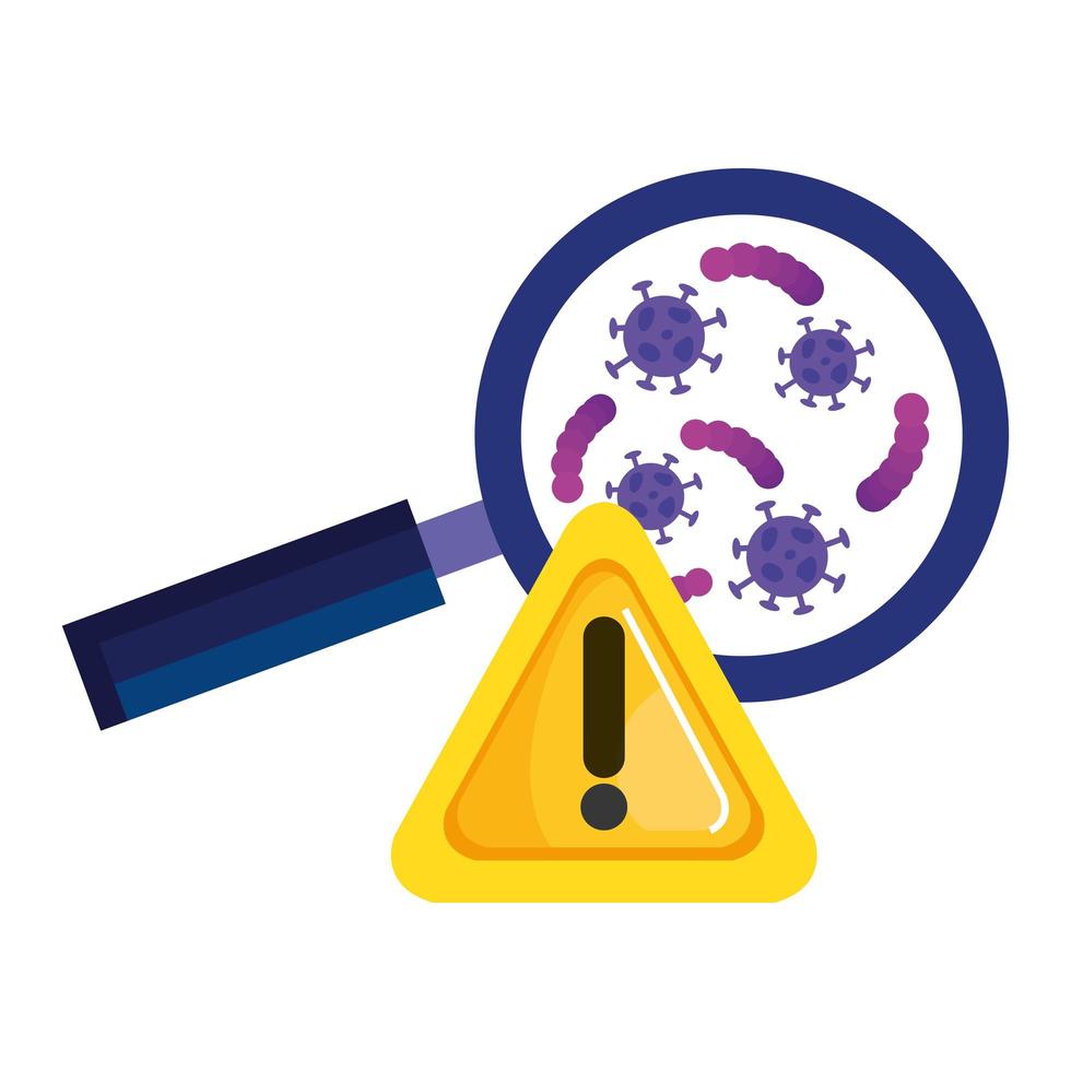 loupe avec particules covid 19 et alerte de signal vecteur