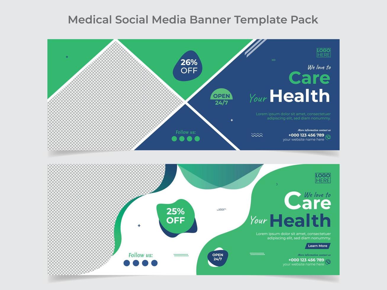 conception de bannières web de soins médicaux et modèle de conception de couverture de médias sociaux vecteur