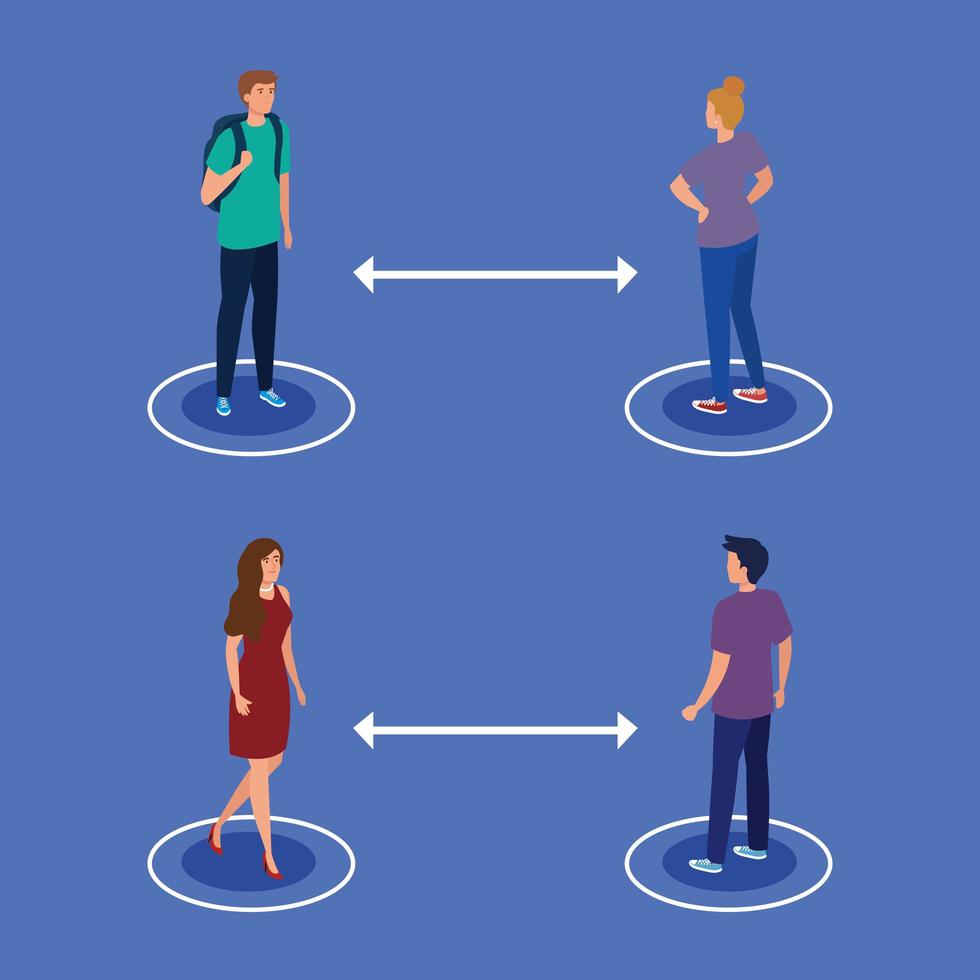 distanciation sociale, garder la distance dans la société publique avec les gens protéger du covid 19, groupe de jeunes vecteur