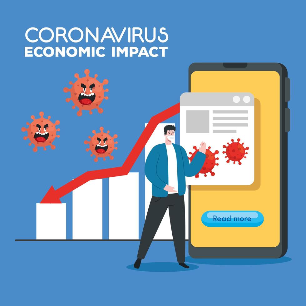 coronavirus 2019 ncov impact sur l'économie mondiale, le virus covid 19 fait baisser l'économie, l'impact économique mondial covid 19, l'homme avec des statistiques commerciales en baisse vecteur