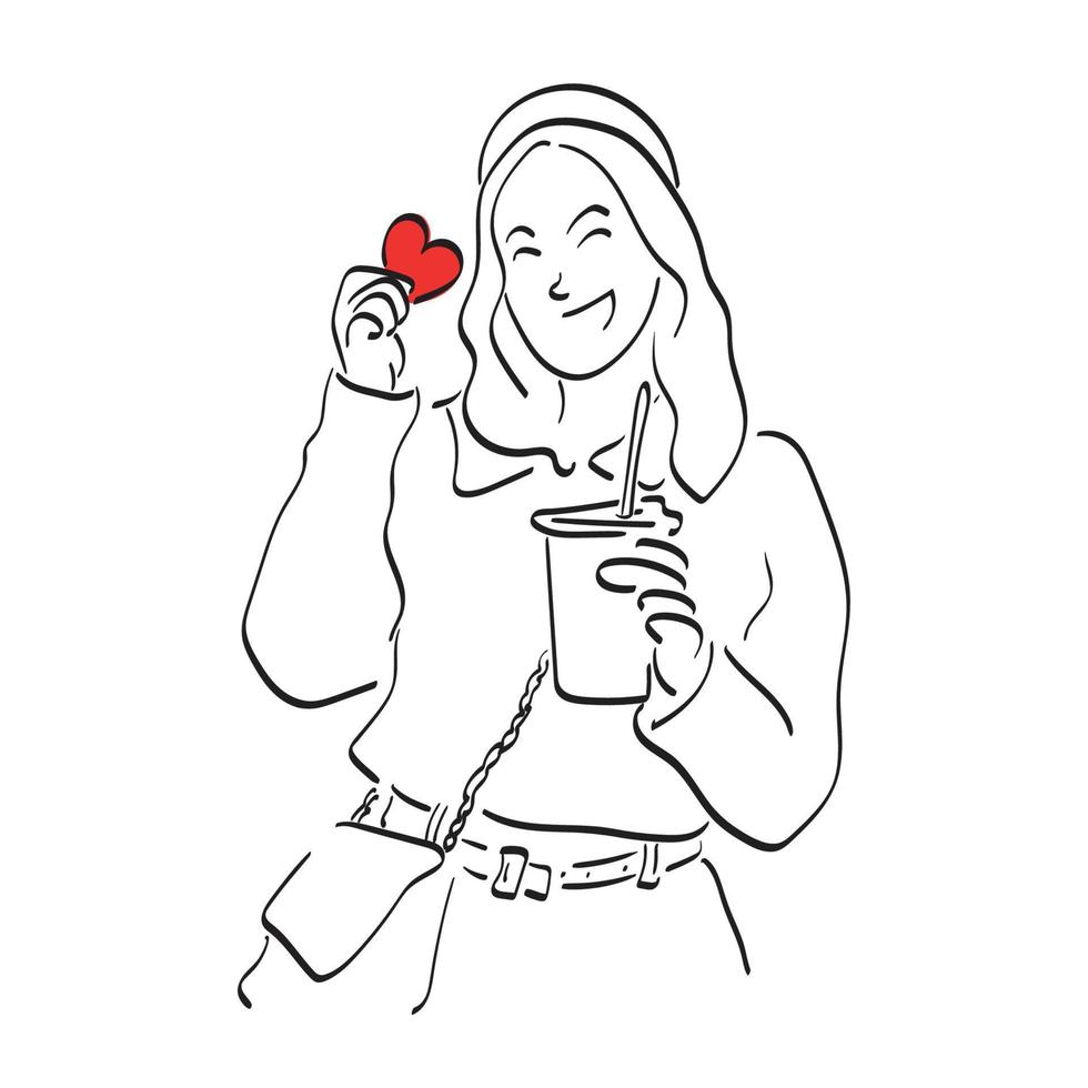 femme tenant un coeur rouge et un vecteur d'illustration de café glacé dessinés à la main isolés sur fond blanc dessin au trait.