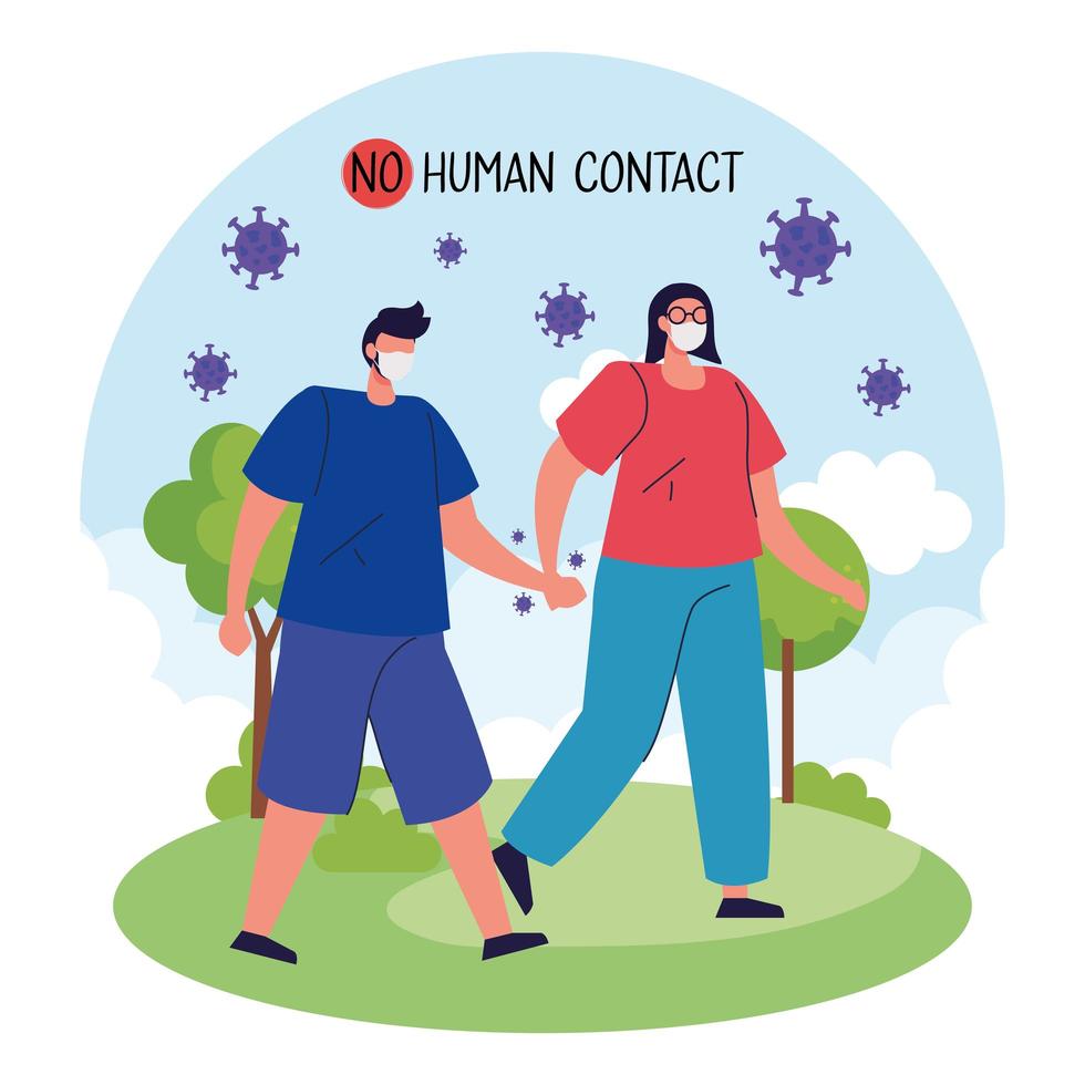 pas de contact humain, couple utilisant un masque facial en paysage vecteur