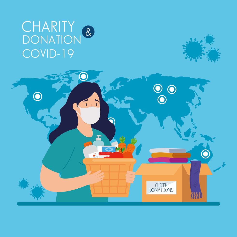 femme avec des boîtes de don en carton, soins sociaux, pendant le coronavirus 2019 ncov vecteur