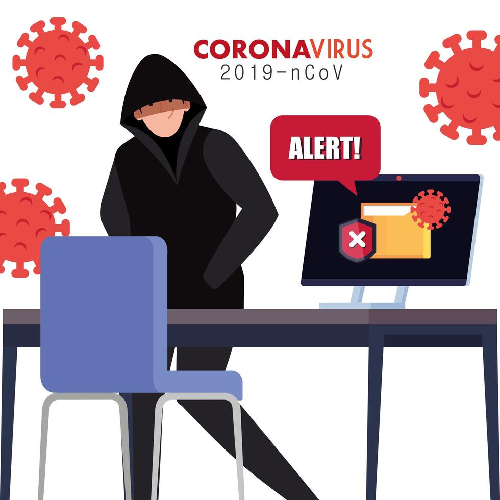 hacker et ordinateur portable avec signe d'alerte pendant la pandémie de covid 19 vecteur