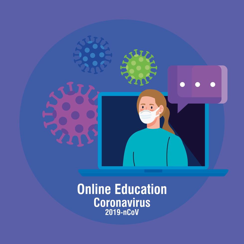 Conseils d'éducation en ligne pour arrêter la propagation du coronavirus covid-19, apprentissage en ligne, étudiante avec ordinateur portable vecteur