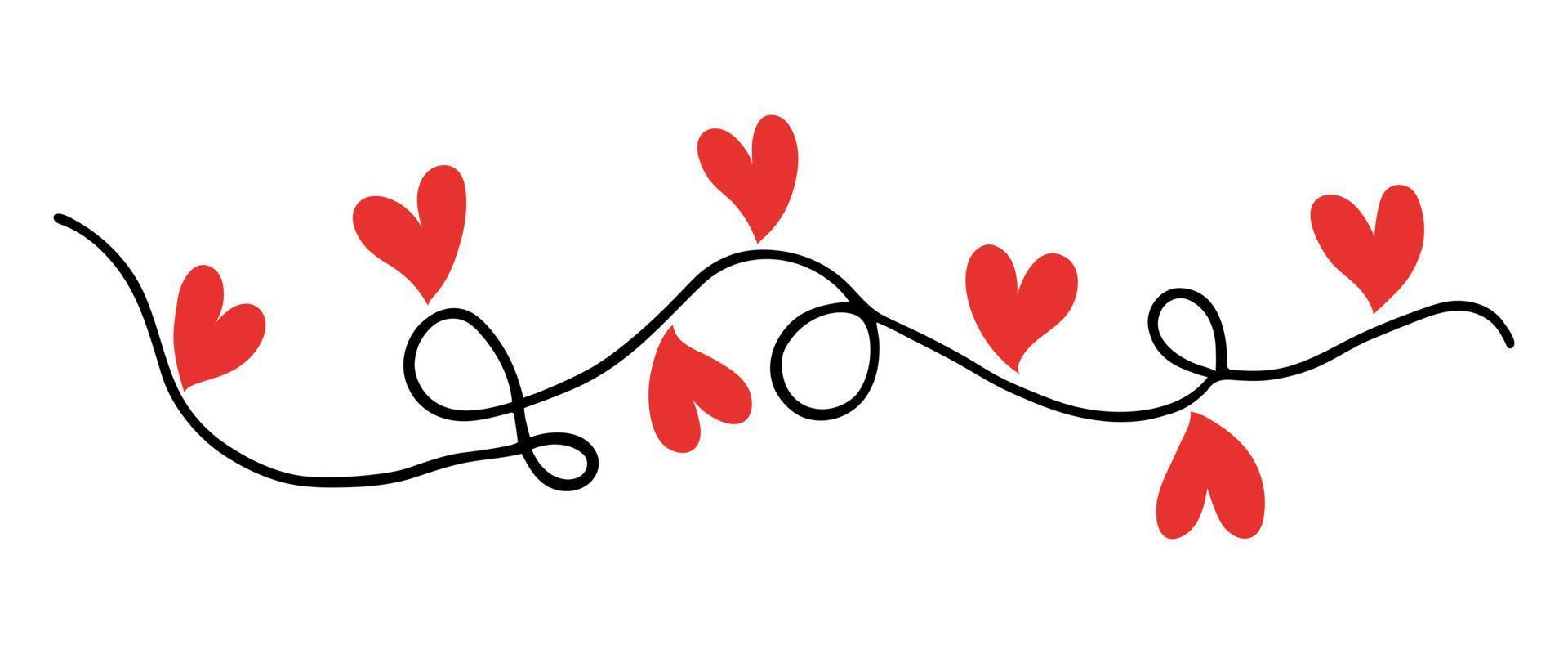 guirlande festive lumineuse avec des coeurs rouges. icône de vecteur simple. doodle dessiné à la main isolé sur blanc. ruban avec des drapeaux mignons. symbole d'amour, de romance, de sympathie. clipart plat pour les cartes de la saint valentin