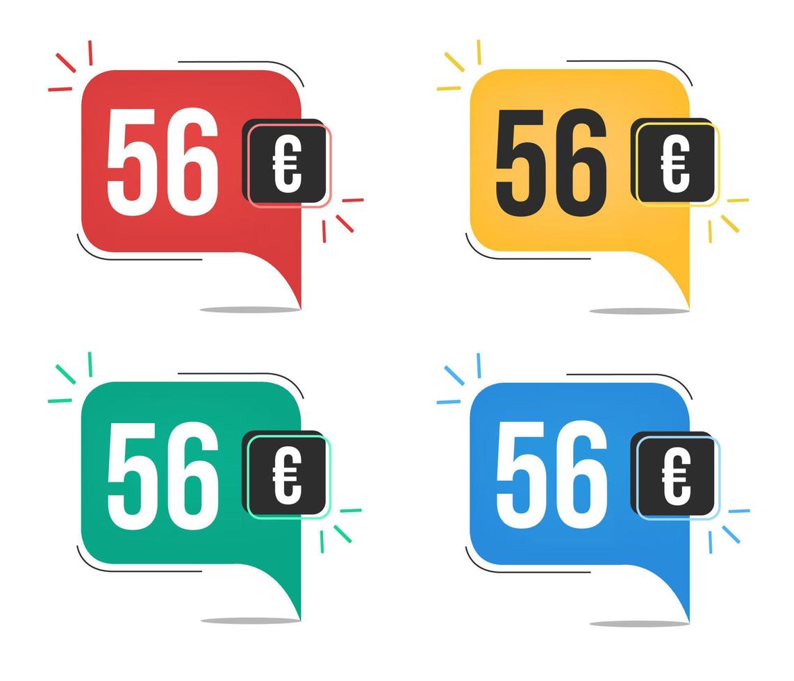 Prix 56 euros. étiquettes de devises jaunes, rouges, bleues et vertes avec concept de ballon de discours. vecteur