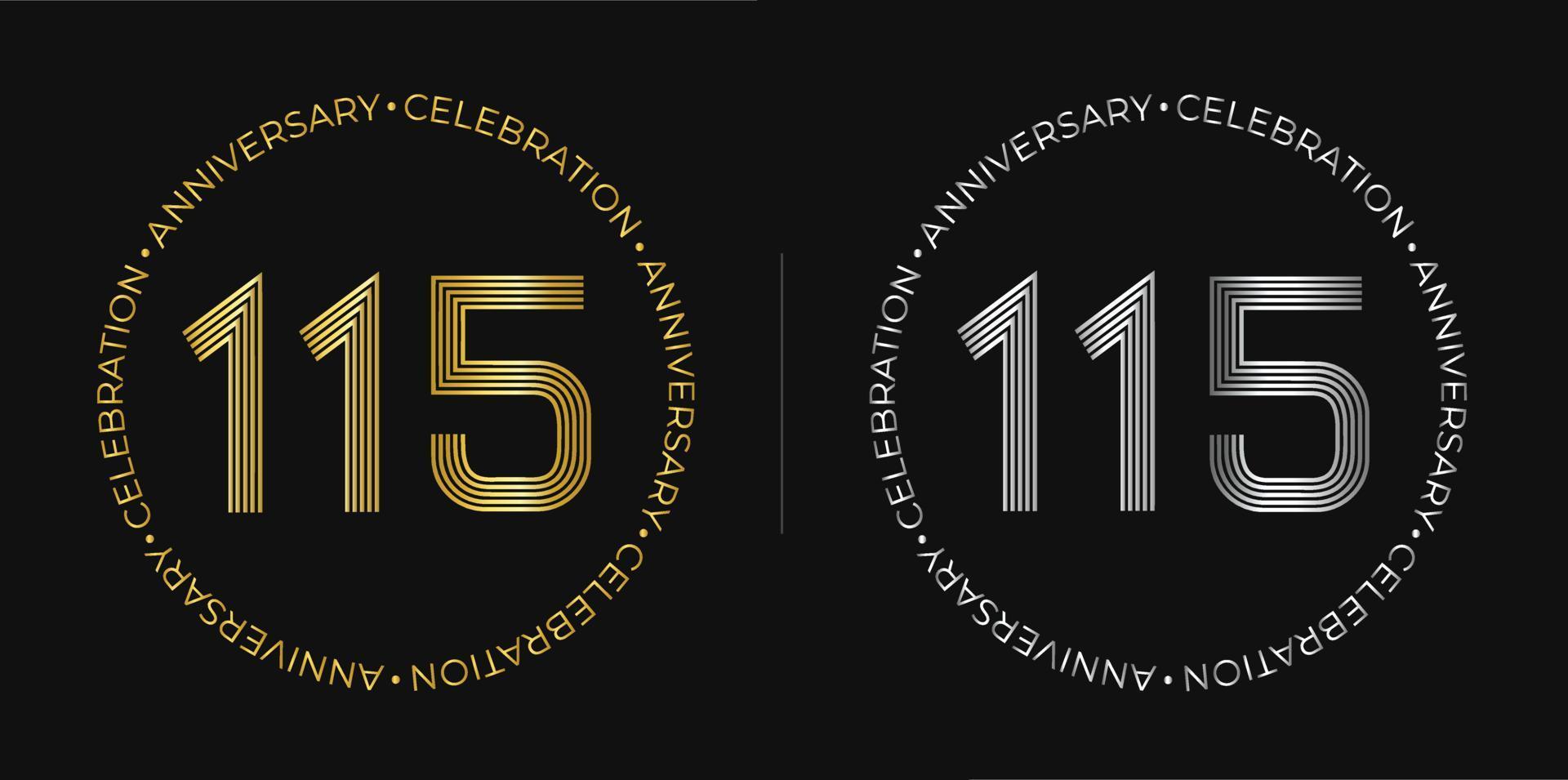 115e anniversaire. bannière de célébration d'anniversaire de cent quinze ans aux couleurs dorées et argentées. logo circulaire avec des chiffres originaux aux lignes élégantes. vecteur