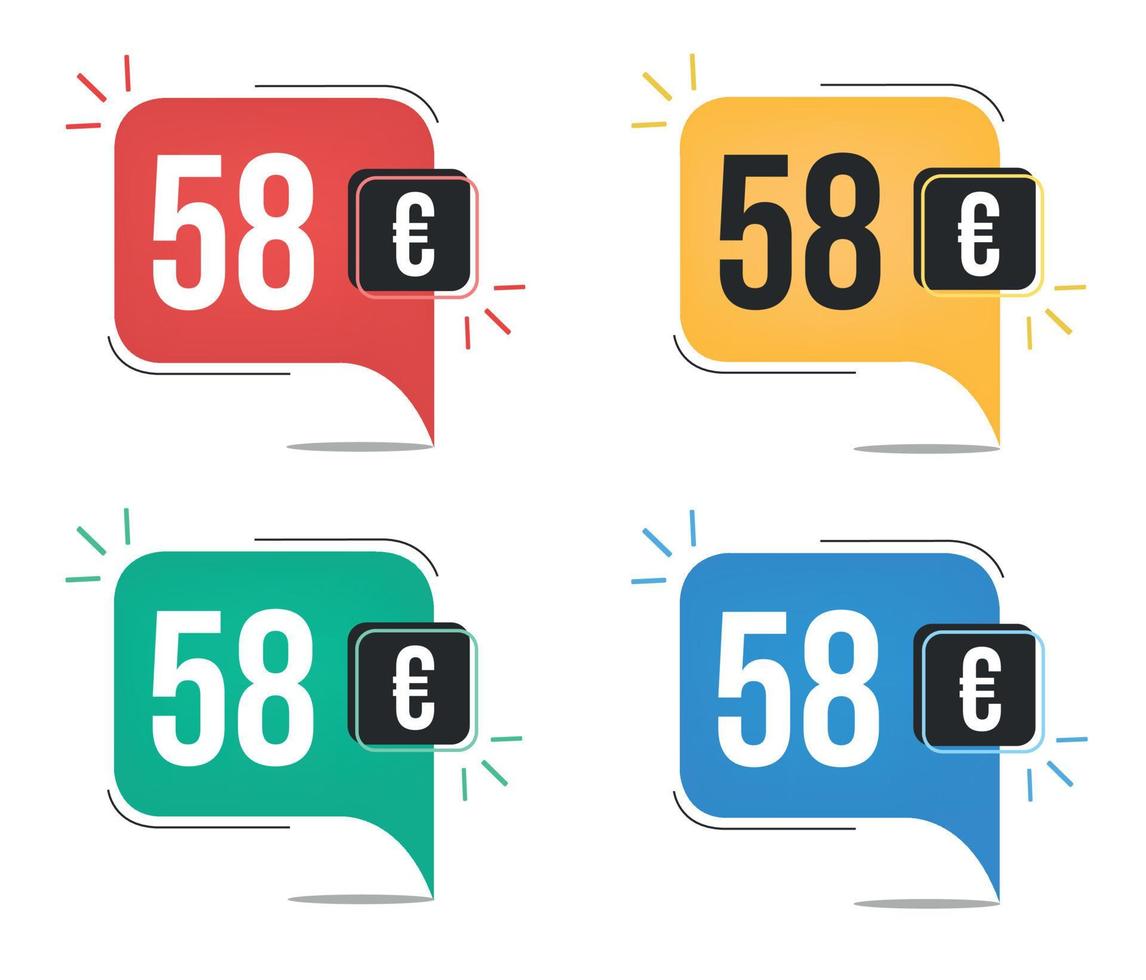 Prix 58 euros. étiquettes de devises jaunes, rouges, bleues et vertes avec bulle concept.s vecteur