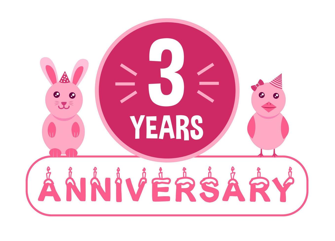 3ème anniversaire. bannière de célébration d'anniversaire de trois ans avec le thème des animaux roses pour les enfants. vecteur