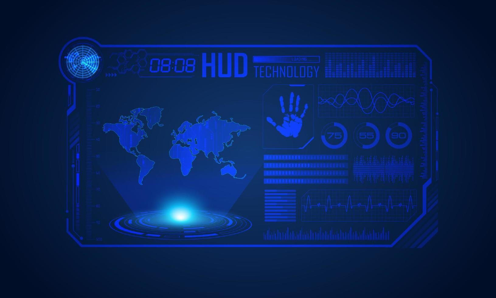 fond d'écran de technologie hud moderne bleu avec carte du monde vecteur