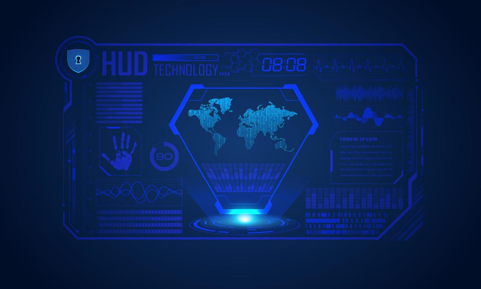 fond d'écran de technologie hud moderne bleu avec carte du monde vecteur