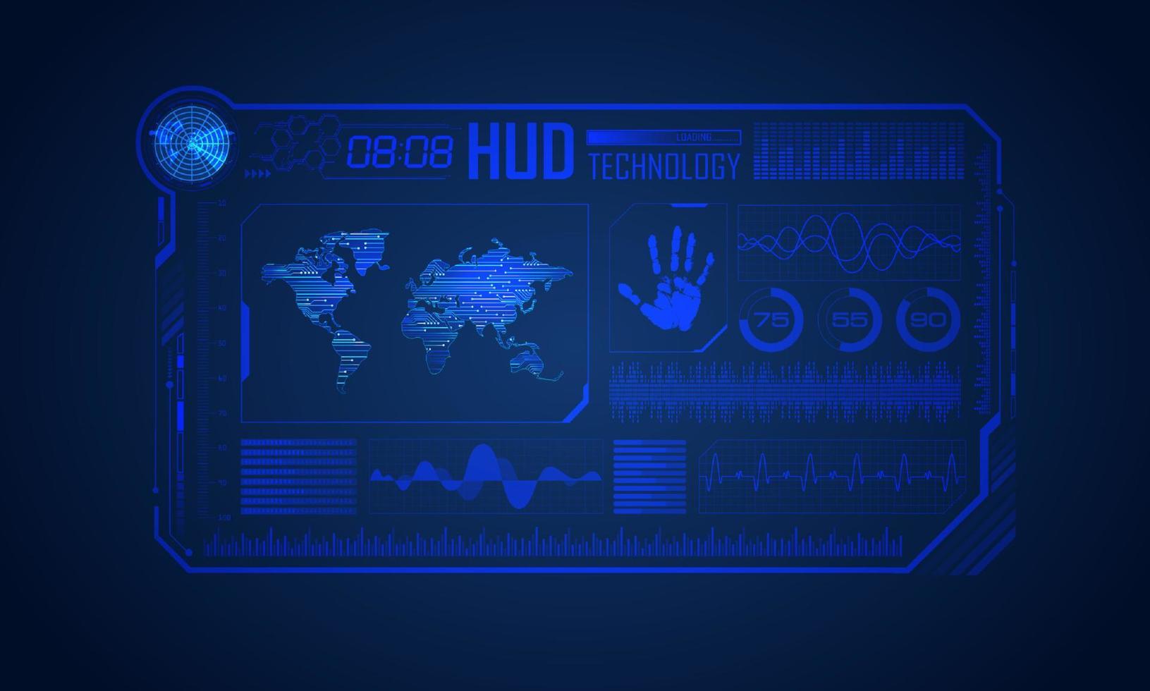 fond d'écran de technologie hud moderne bleu avec carte du monde vecteur