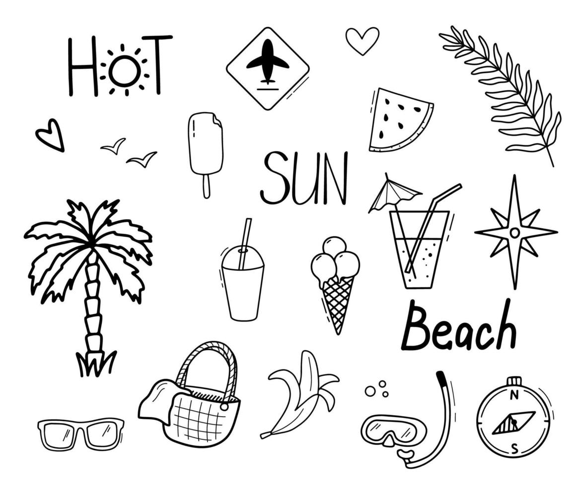 icônes de contour de vecteur d'été définies dans le style doodle. illustrations de plage et de voyage isolées sur blanc.