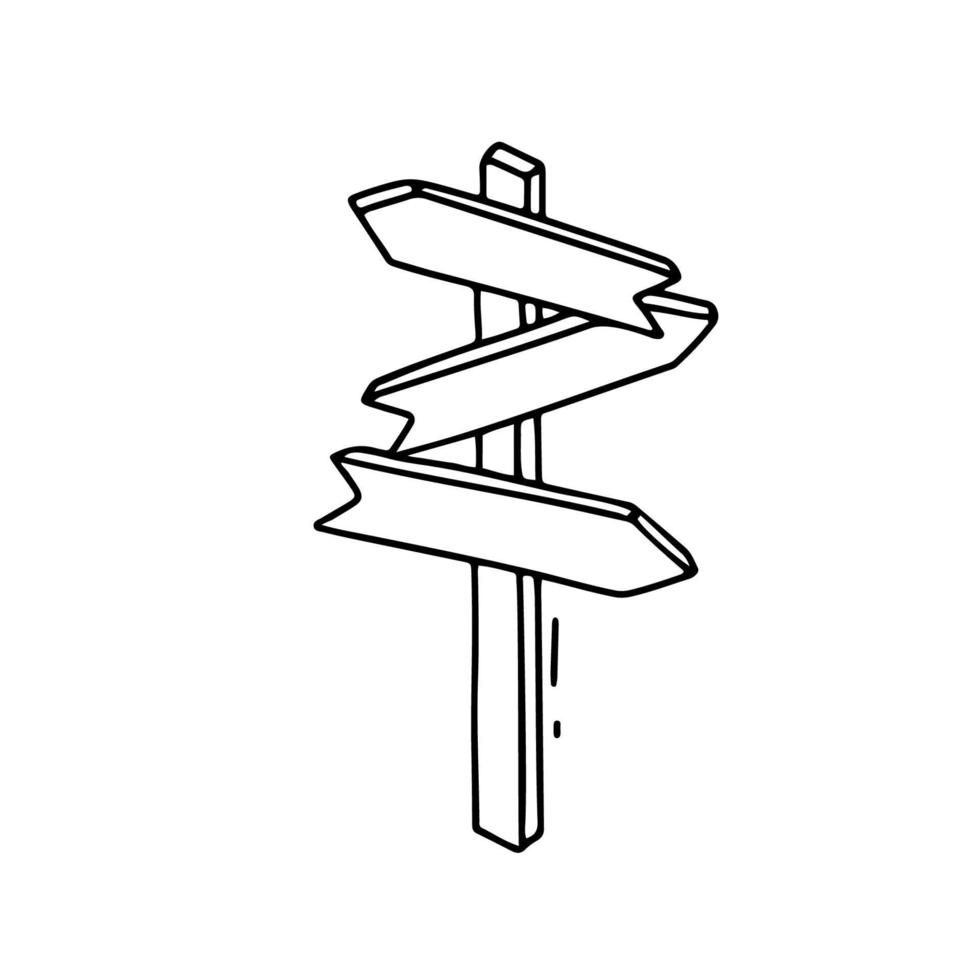 pointeur ou panneau de randonnée en bois. flèches pour les voyages, la forêt, le camping. illustration de contour de vecteur de doodle isolé sur blanc