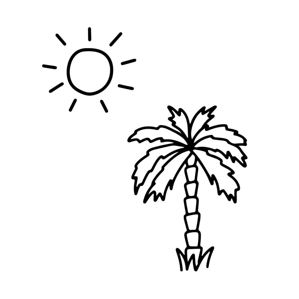croquis de ligne de palmier et de soleil. illustration de vecteur de doodle mignon isolé sur fond blanc