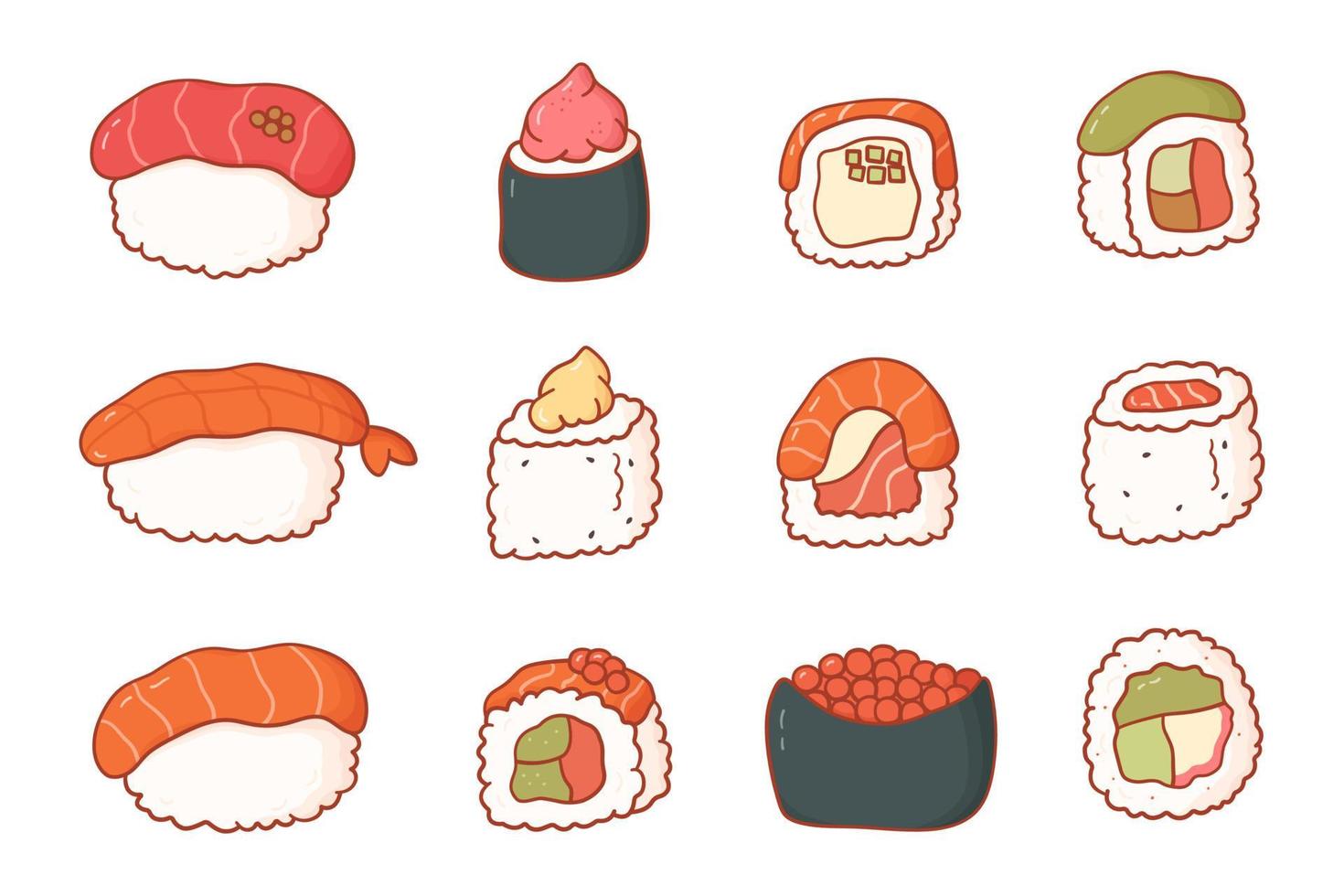 doodle ensemble de sushis et de petits pains. illustration vectorielle cuisine asiatique en style cartoon sur fond blanc vecteur