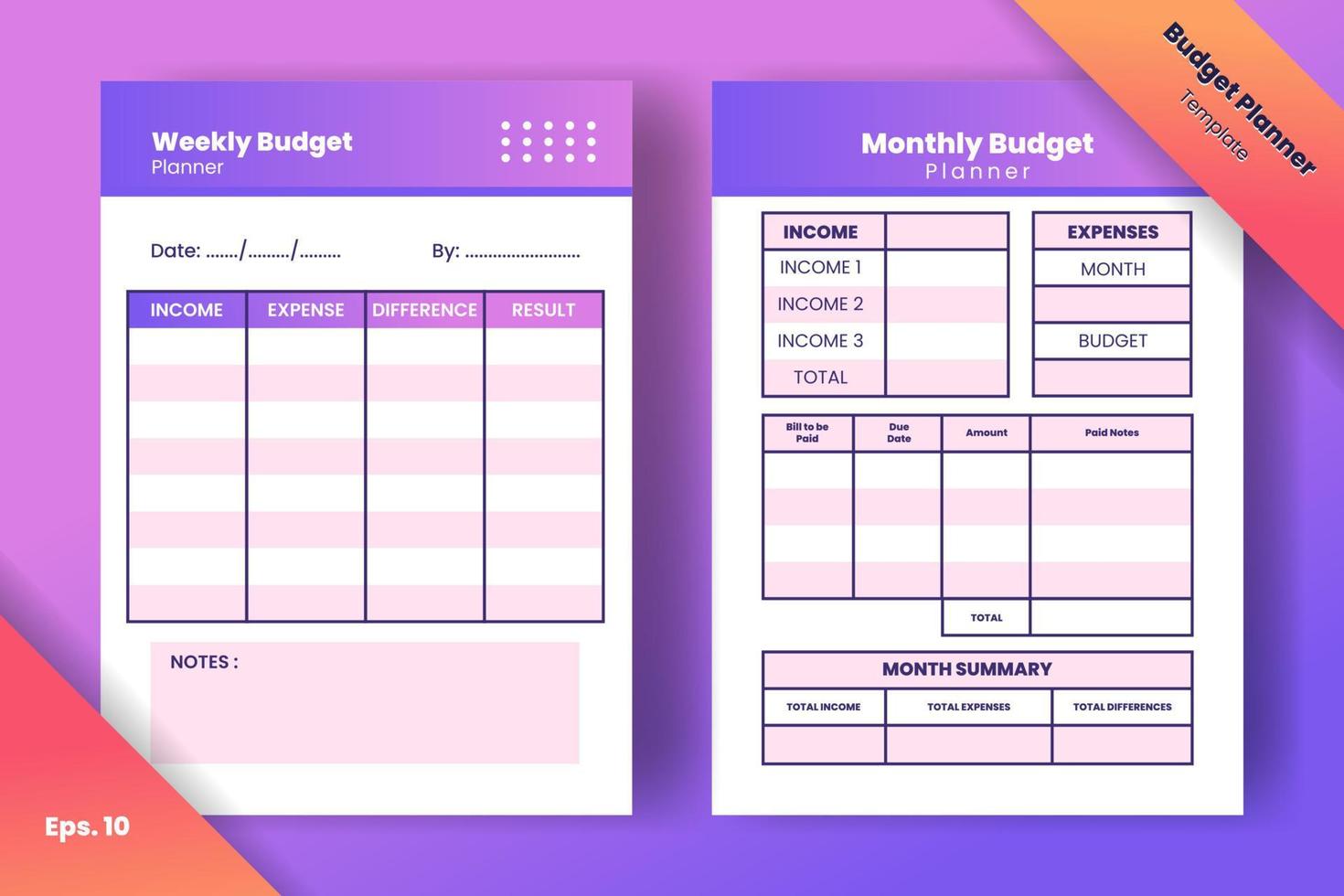 conception de vecteur de modèle de planificateur de budget hebdomadaire et mensuel