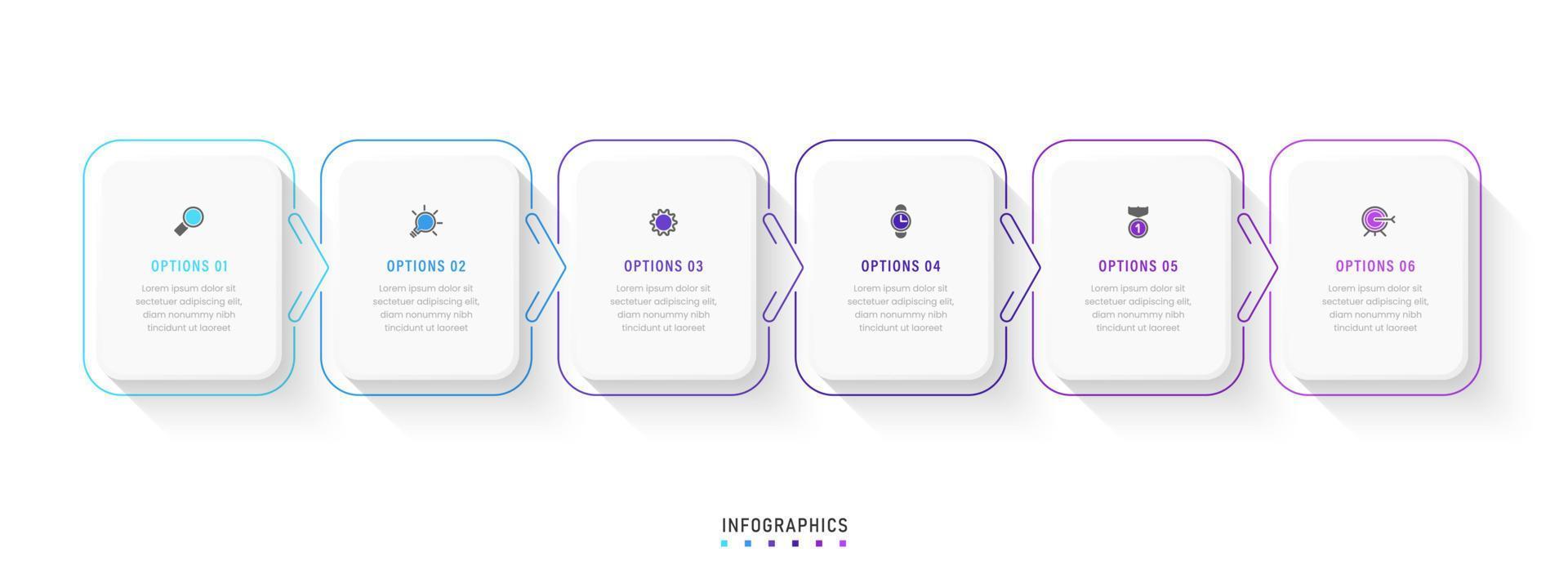 modèle de conception d'étiquettes infographiques vectorielles avec icônes et 6 options ou étapes. peut être utilisé pour le diagramme de processus, les présentations, la mise en page du flux de travail, la bannière, l'organigramme, le graphique d'informations. vecteur