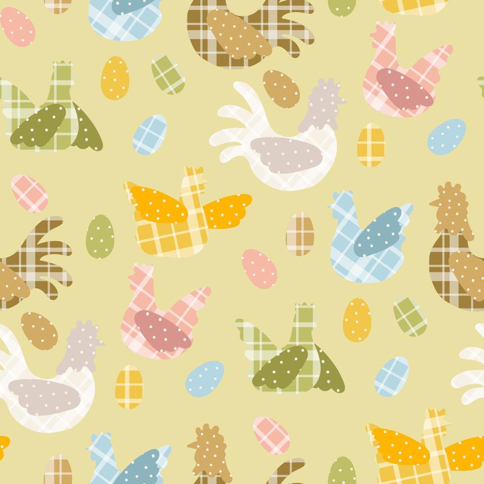 motif de poulet avec une texture de tissu à carreaux. poulet et coq de différentes couleurs. palette de Pâques. arrière-plan pour l'impression. emballage cadeau. illustration vectorielle pour enfants vecteur