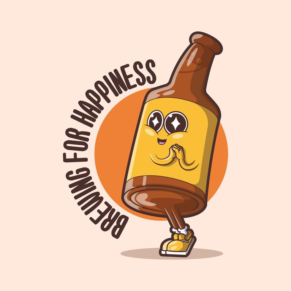 le personnage de la bouteille de bière est une illustration vectorielle positive. boisson, drôle, concept de design de marque. vecteur