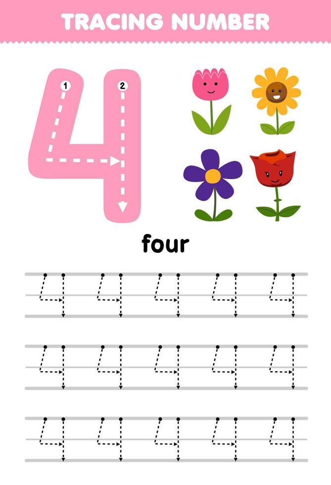 jeu d'éducation pour les enfants traçage numéro quatre avec dessin animé mignon fleur image imprimable nature feuille de travail vecteur