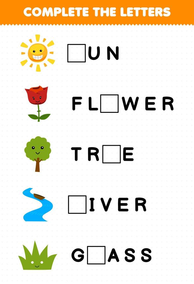 jeu d'éducation pour les enfants compléter les lettres de dessin animé mignon soleil fleur arbre rivière herbe feuille de travail nature imprimable vecteur