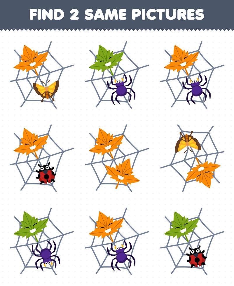 jeu éducatif pour les enfants trouver deux mêmes images d'un insecte et d'une feuille de dessin animé mignon dans la feuille de travail imprimable sur la toile d'araignée vecteur