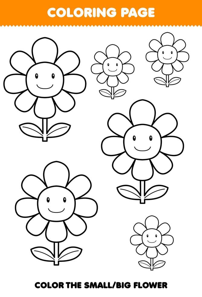 jeu d'éducation pour les enfants coloriage grande ou petite image de dessin animé mignon dessin au trait fleur feuille de travail nature imprimable vecteur